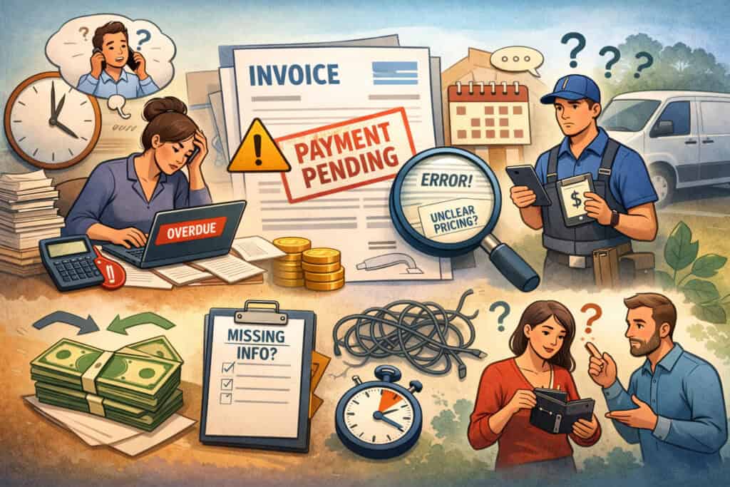 Illustration of service business invoicing challenges including overdue payments, unclear pricing, missing information, and cash flow delays with stressed business owner and service workers