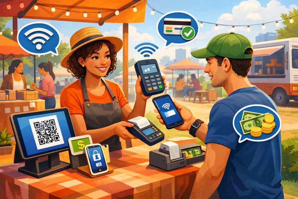 Pop-up market vendor accepting contactless payment using mobile POS terminal with QR code and digital payment icons in an outdoor marketplace setting