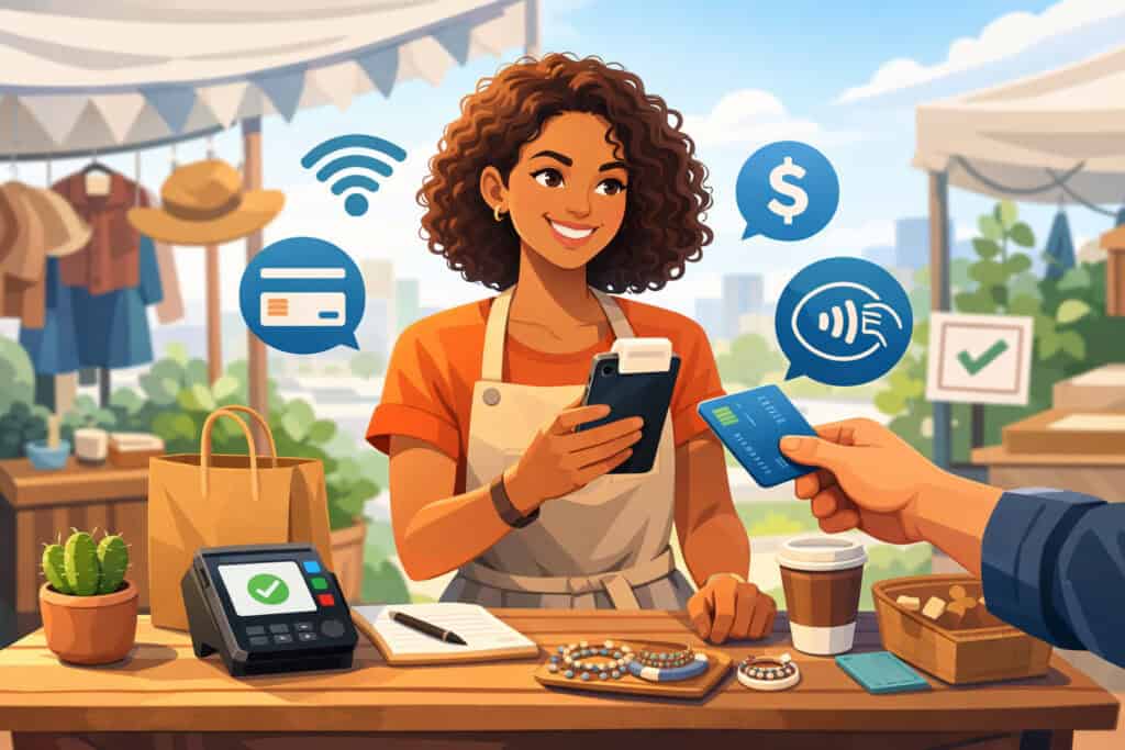 Mobile card payment at a pop-up shop using smartphone POS with contactless credit card transaction and small business vendor setup