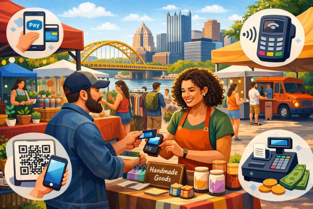 Pop-up market vendor in Pittsburgh accepting payments via card reader, mobile phone, and QR code with city skyline and outdoor stalls in background