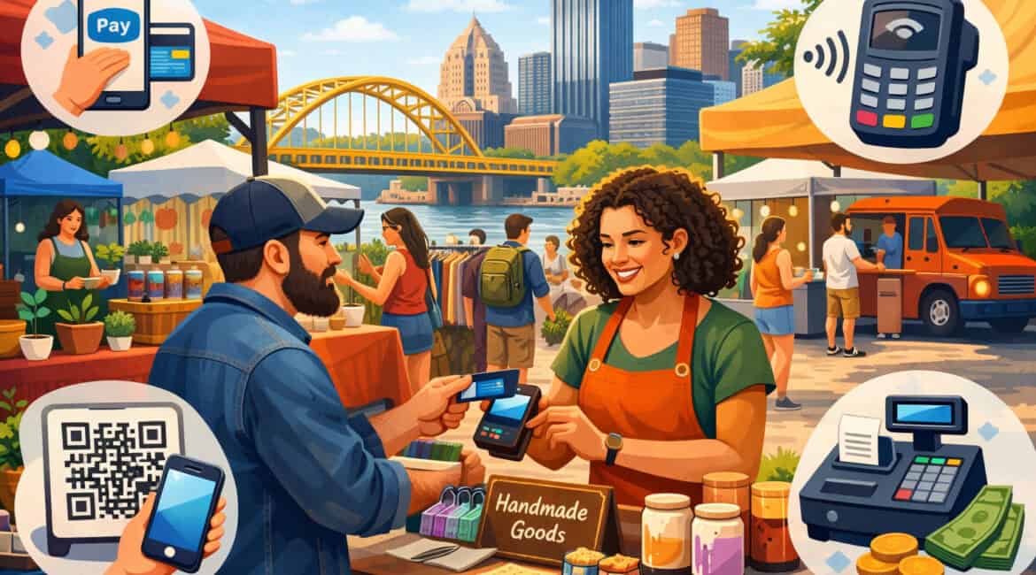 Pop-up market vendor in Pittsburgh accepting payments via card reader, mobile phone, and QR code with city skyline and outdoor stalls in background
