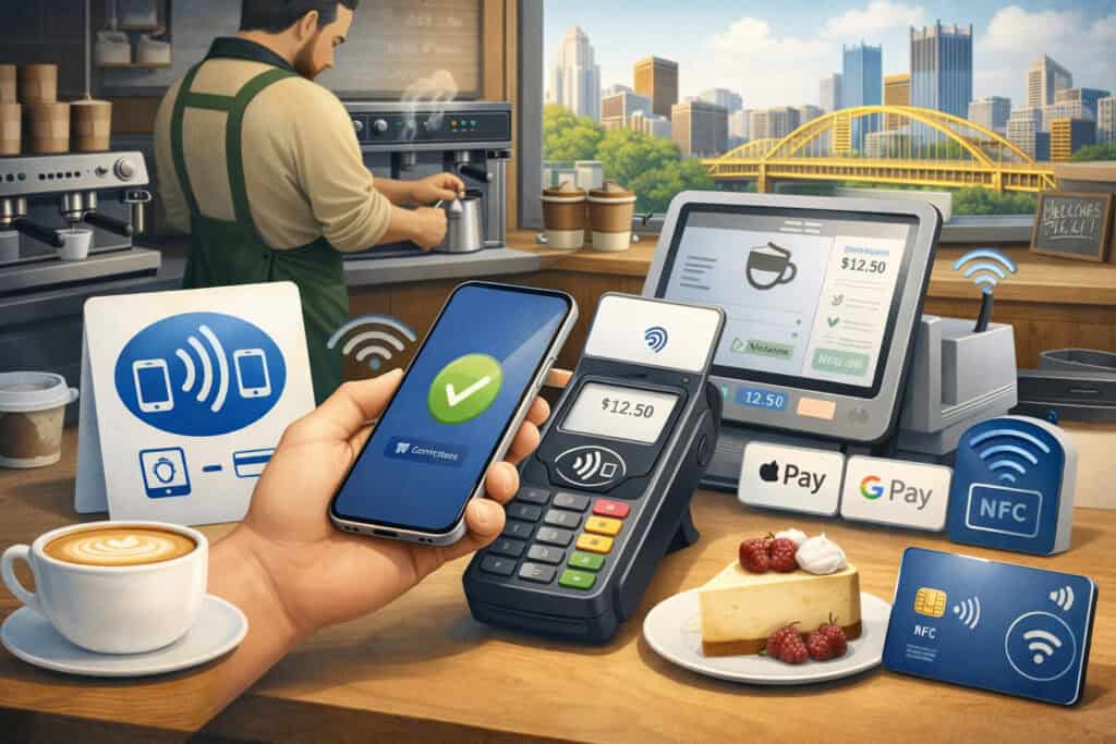 Illustration of a Pittsburgh café accepting contactless NFC payments with a customer tapping a smartphone on a payment terminal, coffee setup, POS system, and wireless payment icons in a modern café setting