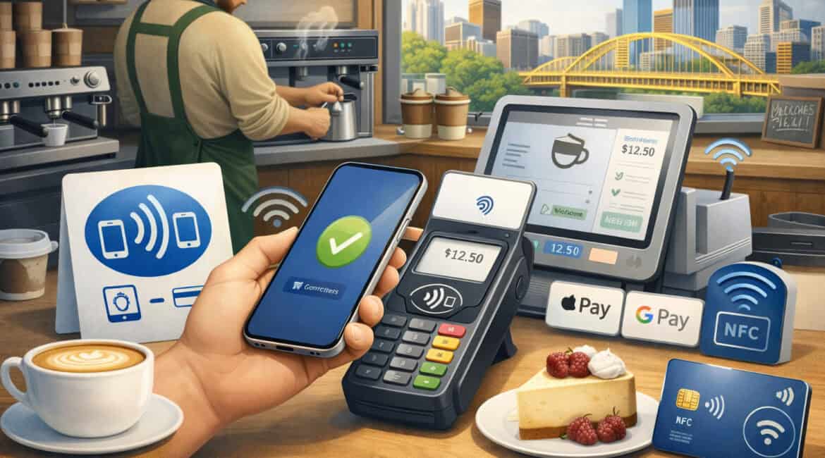 Illustration of a Pittsburgh café accepting contactless NFC payments with a customer tapping a smartphone on a payment terminal, coffee setup, POS system, and wireless payment icons in a modern café setting