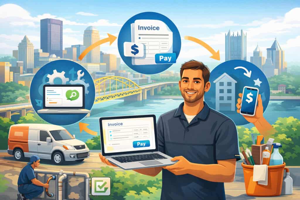 Service professional in Pittsburgh setting up online invoicing on laptop with digital payment icons, mobile payments, and city skyline in background