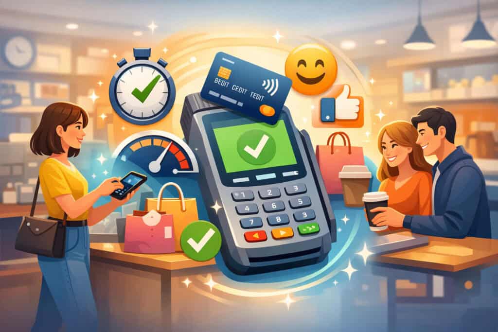 Illustration of customers using contactless payment via smartphone and card at a retail checkout, highlighting speed, convenience, and enhanced customer experience with POS terminal and digital payment icons
