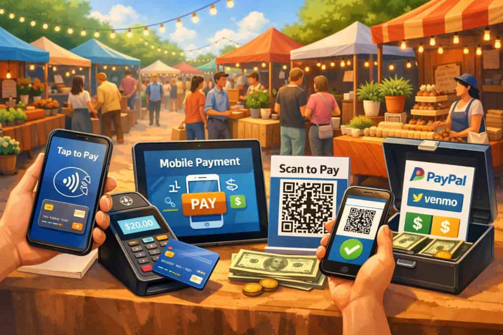 Illustration of a busy outdoor pop-up market with vendors accepting multiple payment methods including mobile tap-to-pay, QR code scanning, card payments, and cash transactions