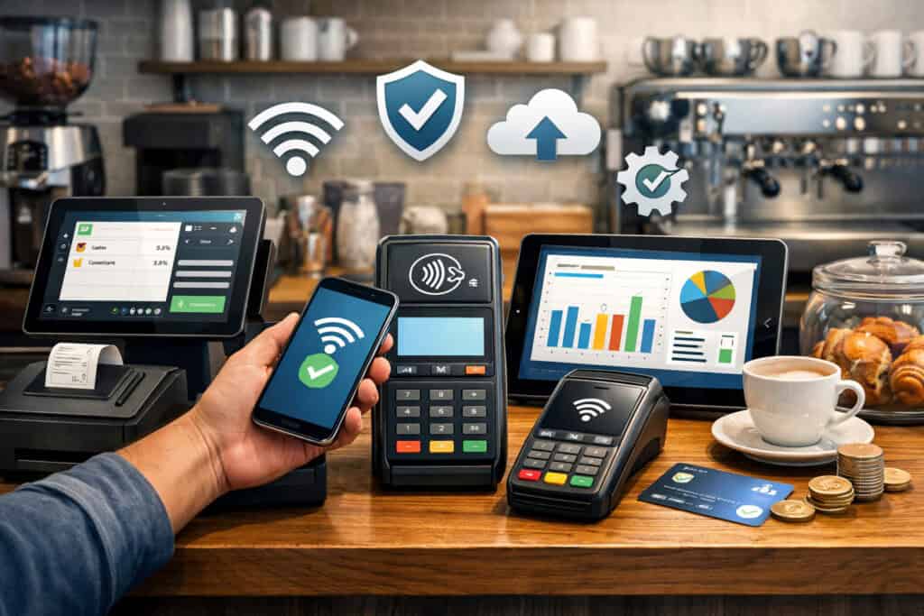 Modern café counter with NFC-enabled POS system, contactless card reader, smartphone payment, and cloud-based analytics dashboard for seamless digital transactions