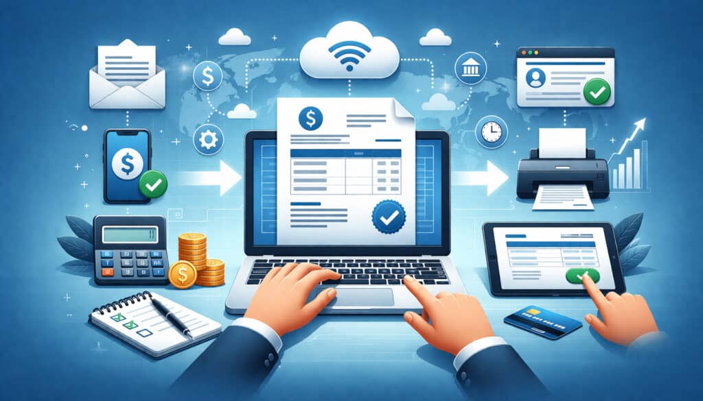 Online invoicing process with laptop displaying digital invoice, payment icons, cloud billing system, and financial workflow illustration