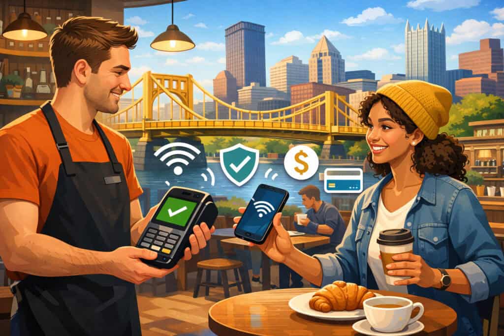 Contactless mobile payment at a Pittsburgh café with barista and customer, skyline and bridge in background, digital payment icons visible