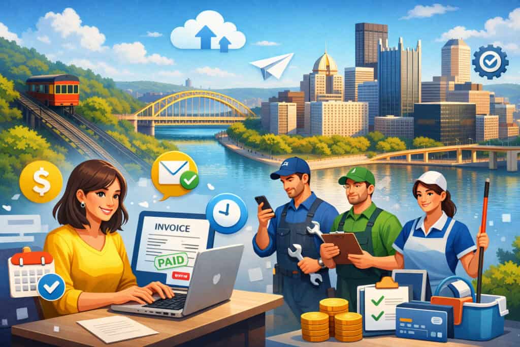 Online invoicing illustration with Pittsburgh skyline, service professionals, and digital payment icons showing efficient billing and payments