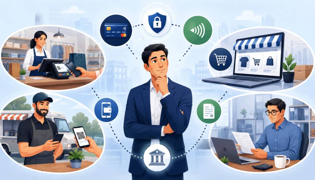 Business owner comparing payment setup options