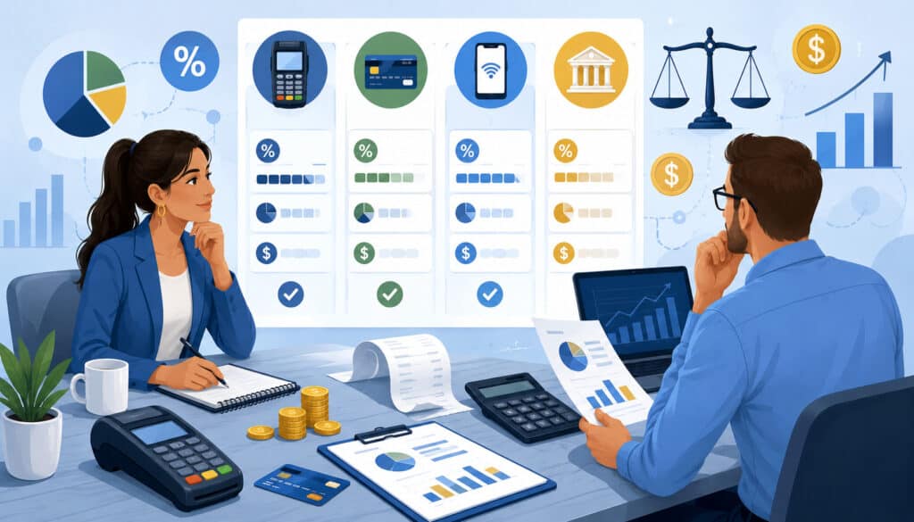 Business owners comparing payment processor pricing models