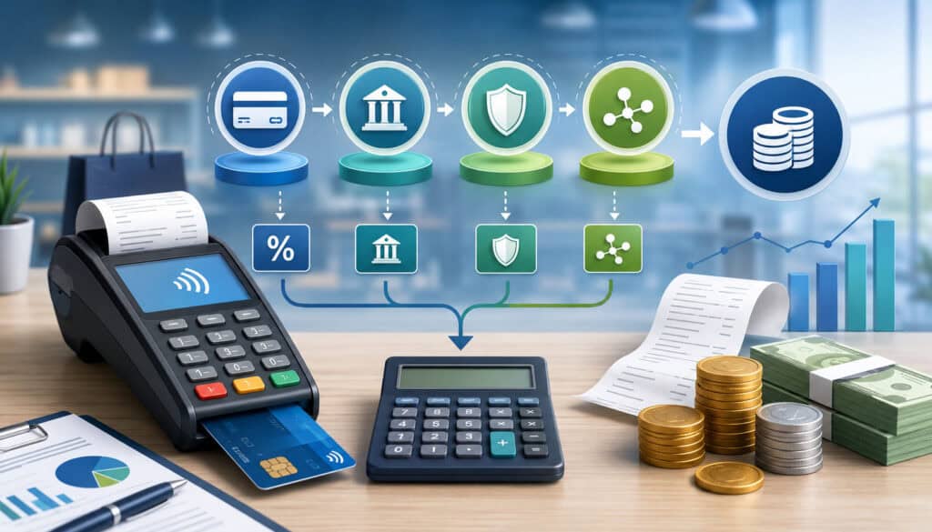 Credit card processing cost calculation with payment terminal and fee icons