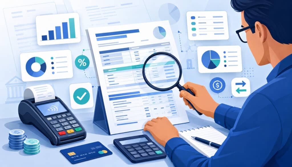 Business owner reviewing merchant statement fees with payment processing charts