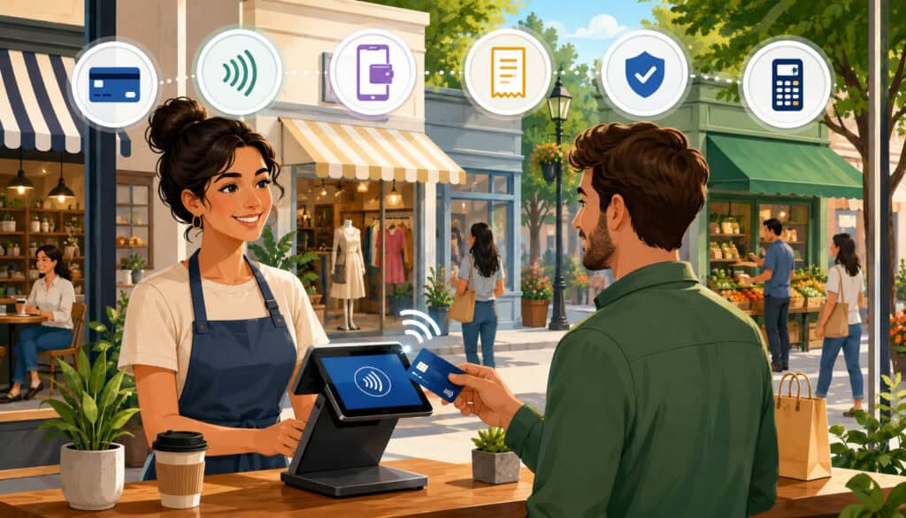 Customer using contactless payment at a local business checkout