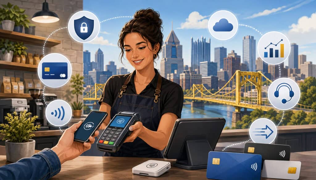 Pittsburgh merchant accepting contactless payment with POS security and analytics icons