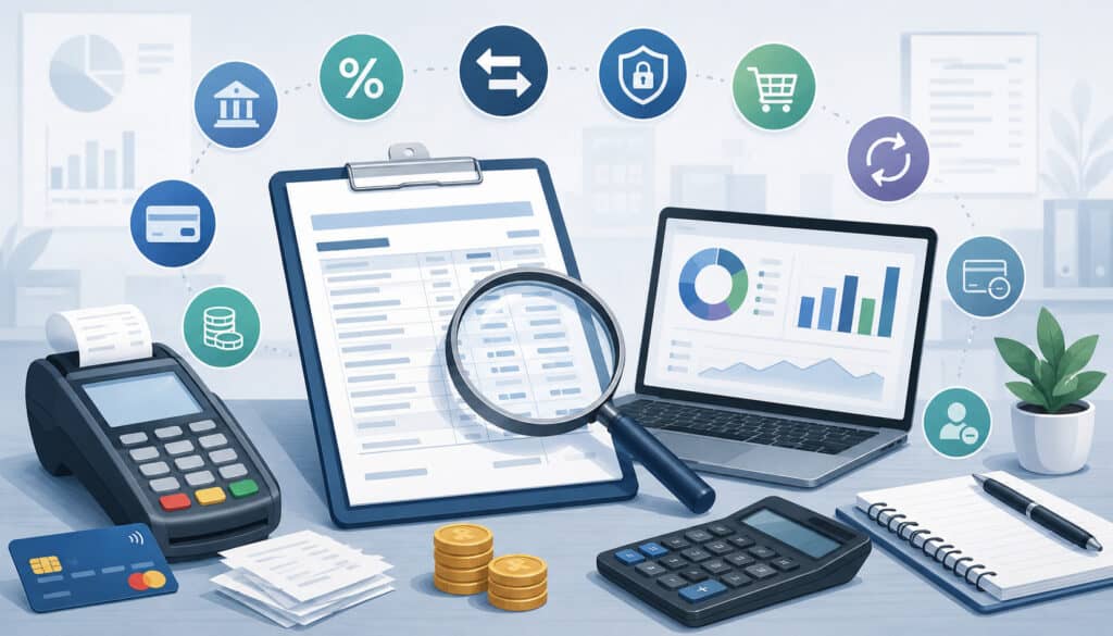 Merchant statement audit with payment terminal, fees, and financial analysis icons