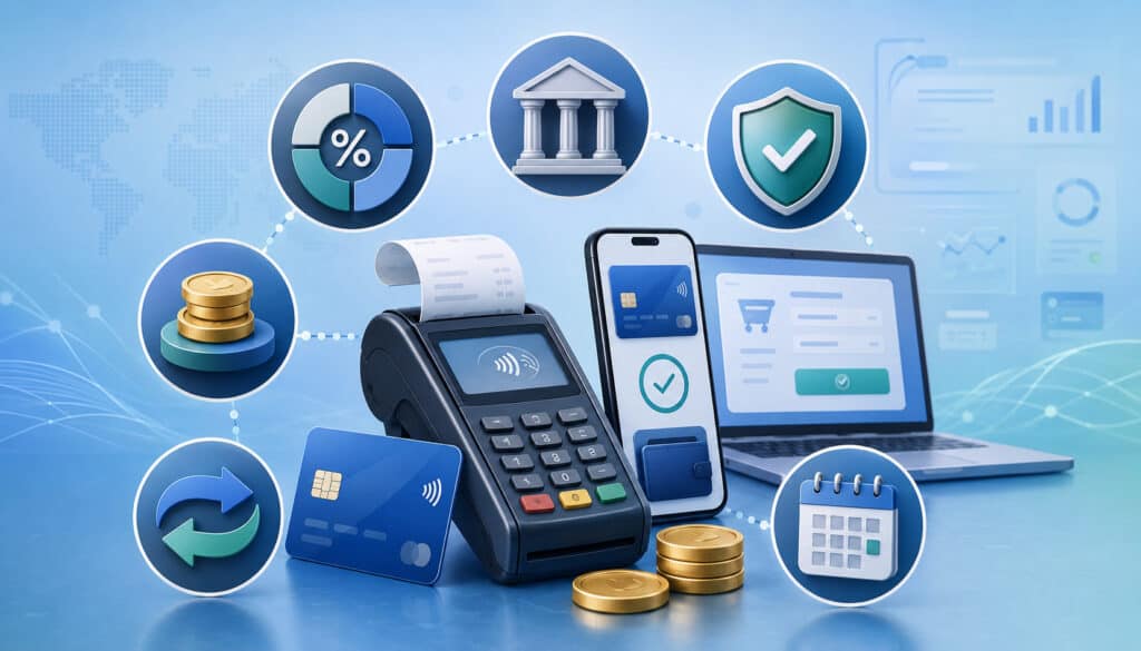 Payment processing fees with POS terminal, card, mobile wallet, and fee icons