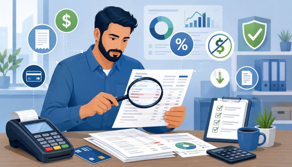 Business owner reviewing merchant statements for avoidable payment processing fees