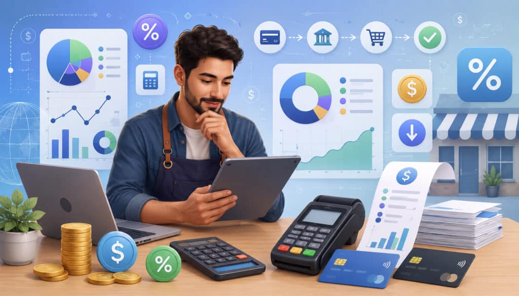 Small business owner reviewing payment processing fees and pricing charts
