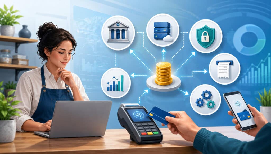 Illustration of payment processing costs with POS terminal, fee icons, and merchant reviewing transactions
