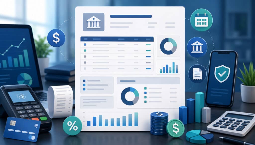 Merchant statement with payment analytics and processing icons